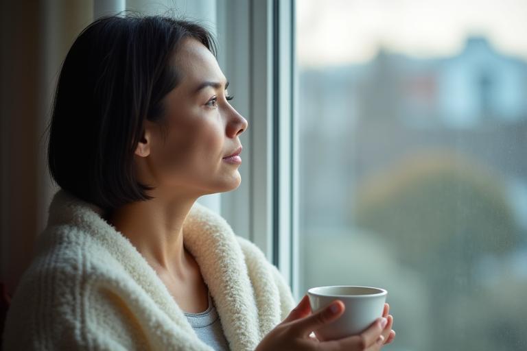 Persona sonriendo y relajada apoyándose en una ventana con vista a la ciudad, representando técnicas de bienestar mental