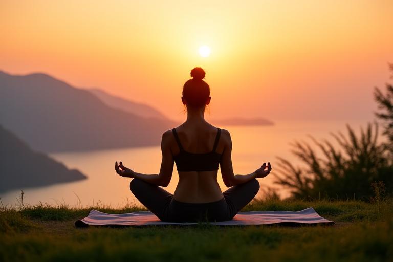 Persona meditando al atardecer en un entorno natural tranquilo, simbolizando ejercicio para mente y cuerpo