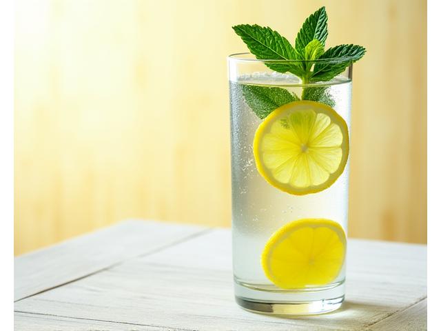 Vaso de agua con rodajas de limón y menta