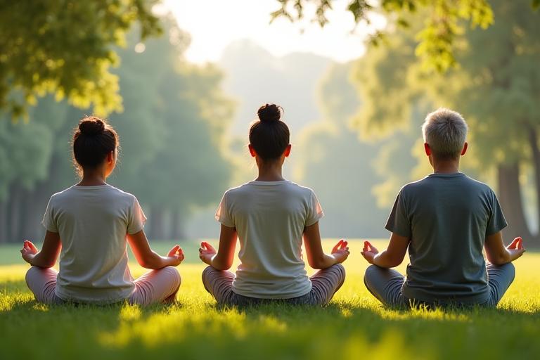 Grupo de personas sentadas en una pose de meditación en un parque al amanecer, con luz suave, representando meditación para principiantes