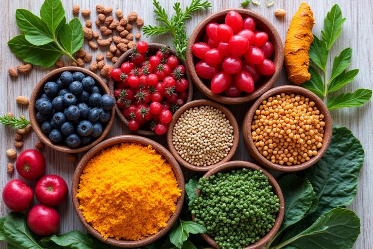 Variedad de superalimentos coloridos como bayas, frutos secos y semillas en tazones de madera, simbolizando ingredientes clave