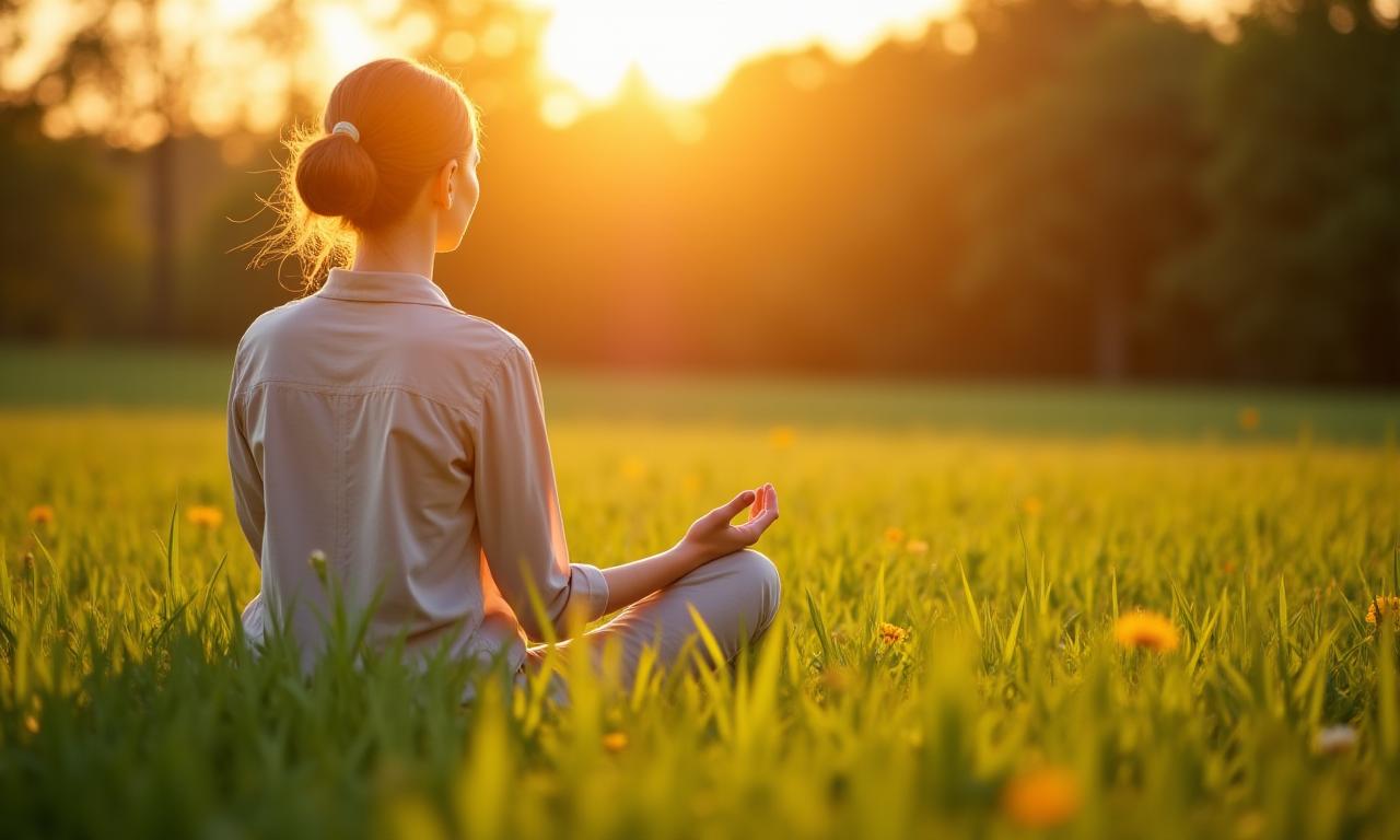 Mujer meditando serenamente en un campo verde con el sol de la mañana